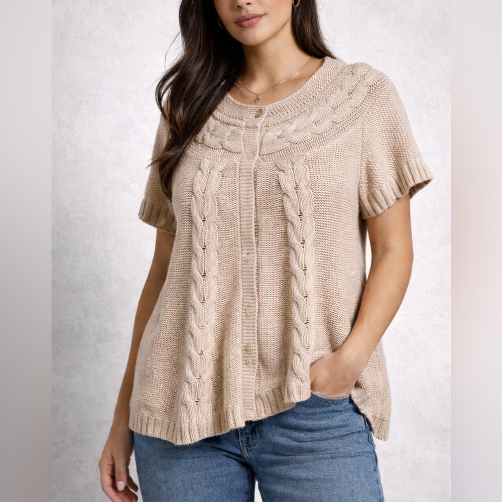 Cato Beige Cable Knit Short Sleeve Sweater Top Small EUC